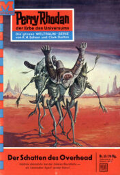 The cover of Perry Rhodan 55, with a figure in a spacesuit being carried across a red desolate landscape by insectoid aliens.