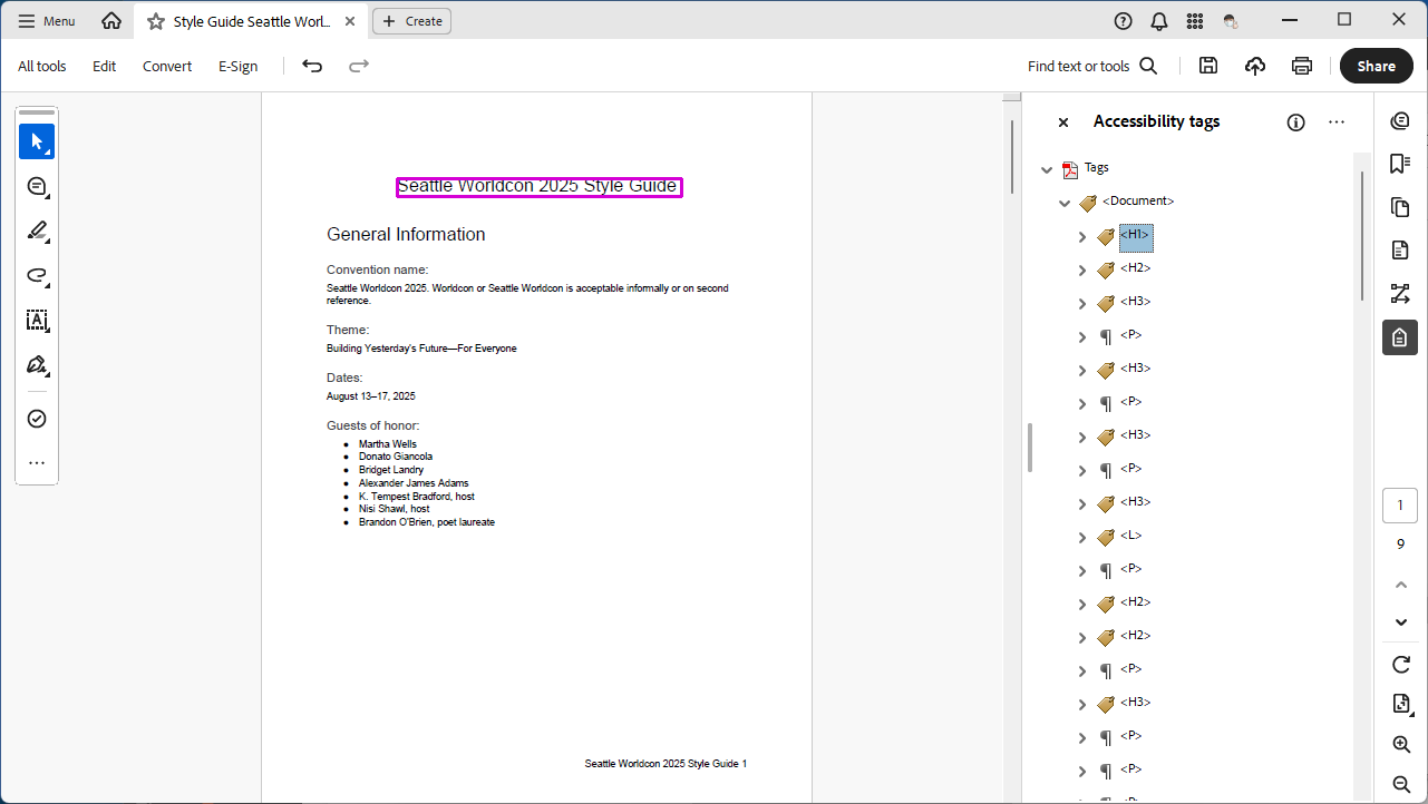 A document open in Acrobat with the accessibility tags pane open. An H1 tag is selected in the tag tree, and a line of text in the document is highlighted with a purple box.