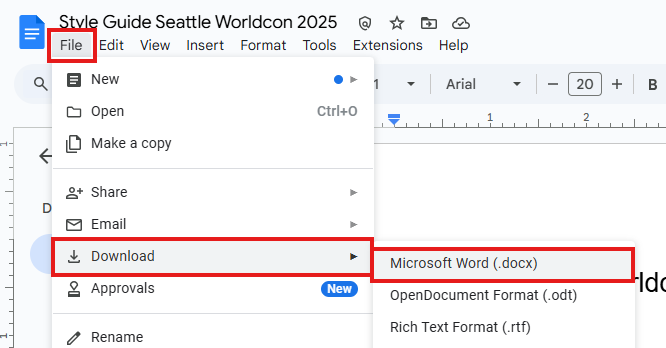 The Google Docs File menu open to show the Download Microsoft Word option with the menu items highlighted with red boxes.