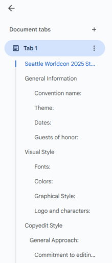 The Google Docs document outline pane showing multiple levels of headings in use.