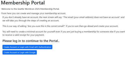 Screenshot of the Seattle Worldcon membership portal front page showing the login buttons.