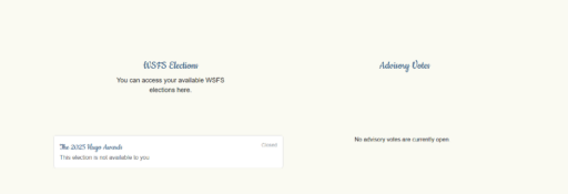 Screenshot of the NomNom landing page with options for WSFS Elections, Advisory Votes, and the 2025 Hugo Awards.