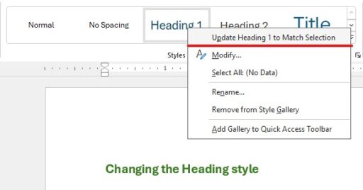 Word's contextual menu open for the Heading 1 style with the 'Update Heading 1 to Match Selection' option marked.