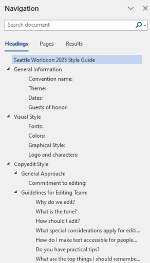 Word's Navigation Pane showing a document outline with multiple nested heading levels.