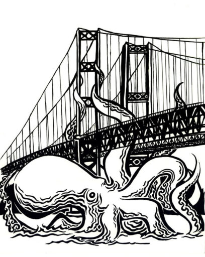 Black and white woodcut style artwork of a giant octopus with its tentacles wrapped around the Tacoma Narrows bridge.