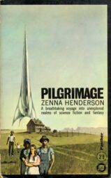 Cover of the 1965 edition of Pilgrimage, featuring a tall silver rocket with art deco-like fins behind a farmhouse with a midwestern farm family standing in the foreground.