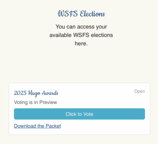 The Hugo Awards voting button with a 'Download the packet' link visible.