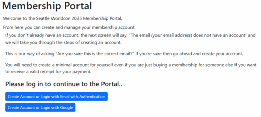 The Worldcon membership portal front page with login information and buttons.