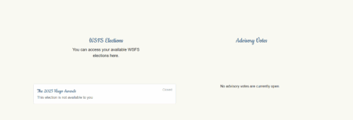 Voting portal landing page with options for elections, advisory votes, and Hugo Awards voting.