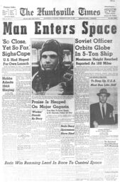 Front page of the Huntsville Times newspaper with a photo of Yuri Gagarin and the banner headline 'Man Enters Space'.