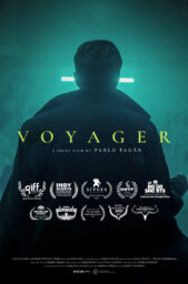 Poster for Voyager with a back-lit man in a heavy coat seen from behind.