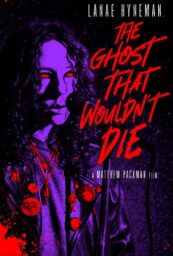 Poster for The Ghost that Wouldn't Die with a purple and red toned image of a person with long wavy hair and a button-decorated leather jacket standing at a microphone.