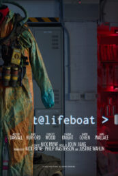 Lifeboat poster with an empty environmental protective suit against a locker and concrete wall.