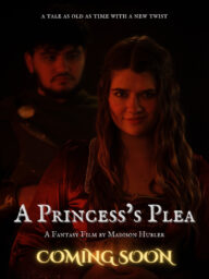 Poster for A Princess's Plea, in red and black with a young woman smirking as a man stands behind her.