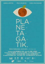 Poster for Planetagatik with the title under an eye with a globe for the pupil and a leaf on top.