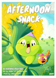 Afternoon Snack poster Poster for An Afternoon Snack with a cartoon image of two caterpillars, one looking excited and one scared, hanging onto a floating dandelion.
