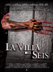 Poster for The Village of Six with a man's arm wrapped around a stone column and trailing bloody lines from the fingers.