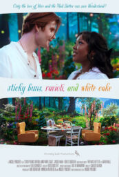 Poster for Sticky Buns, Ravioli, and White Cake, with a man and woman smiling at each other above a table set with food in a garden.