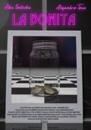 The Pretty poster The Pretty poster with a glass jar with a few coins in the bottom sitting on a black and white tiled floor.