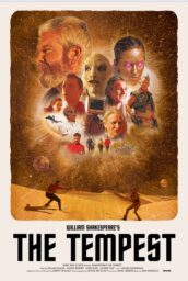 Poster for William Shakespeare's The Tempest with a collage of humans, aliens, and a computer terminal over a desert landscape with two people duelling.