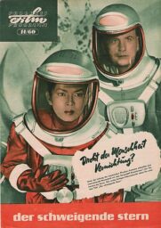 German poster for The Silent Star, with a white man and an Asian woman in spacesuits.