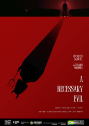A Necessary Evil poster Poster for A Necessary Evil in red and black with a dark figure in the distance casting a long shadow with horns and holding a pitchfork.
