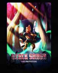 Poster for Black Sanga with an anthropomorphic cat wearing armor and holding a large sword in a colorful forest.