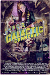 Poster for Lupe Q and the Galactic Corn Cake with a photo collage of people playing in a band and eating corn cakes.