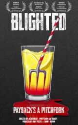 Poster for Blighted with a tumbler filled with lemons and a yellow drink that turns red at the bottom, and a straw that becomes a fork with three bloody tines.