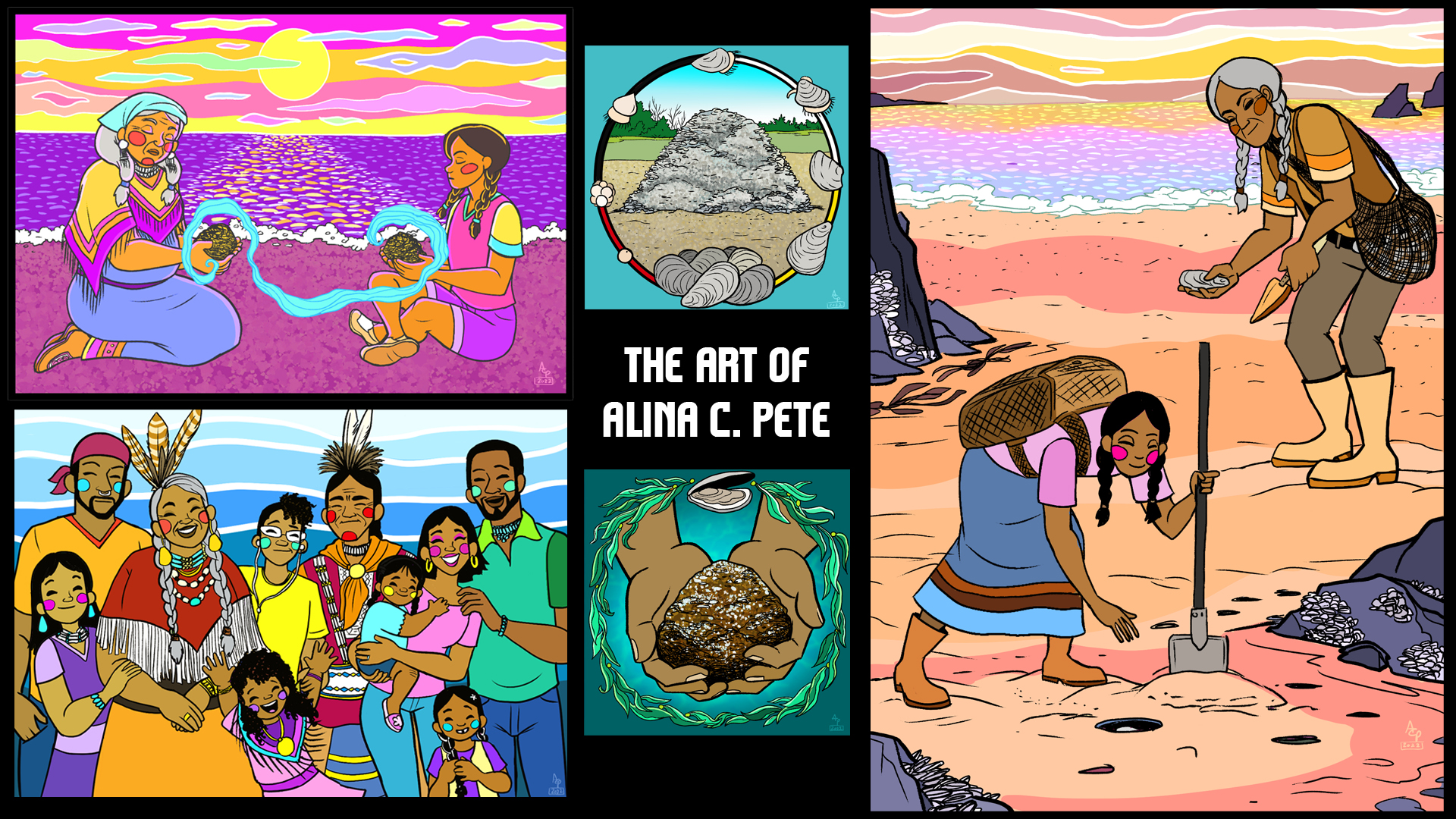 The Art of Alina Pete, featuring several colorful Woodland Cree style works depicting Indigenous people doing daily tasks like gathering food, and sitting together on a beach