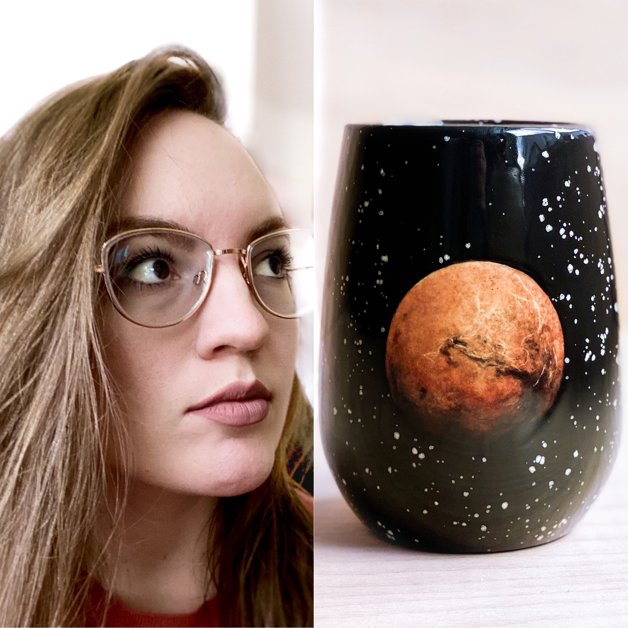 Two photo collage featuring me on the left (blonde, white woman with glasses) looking up to the right and a cup with Mars surrounded by stars on the right.