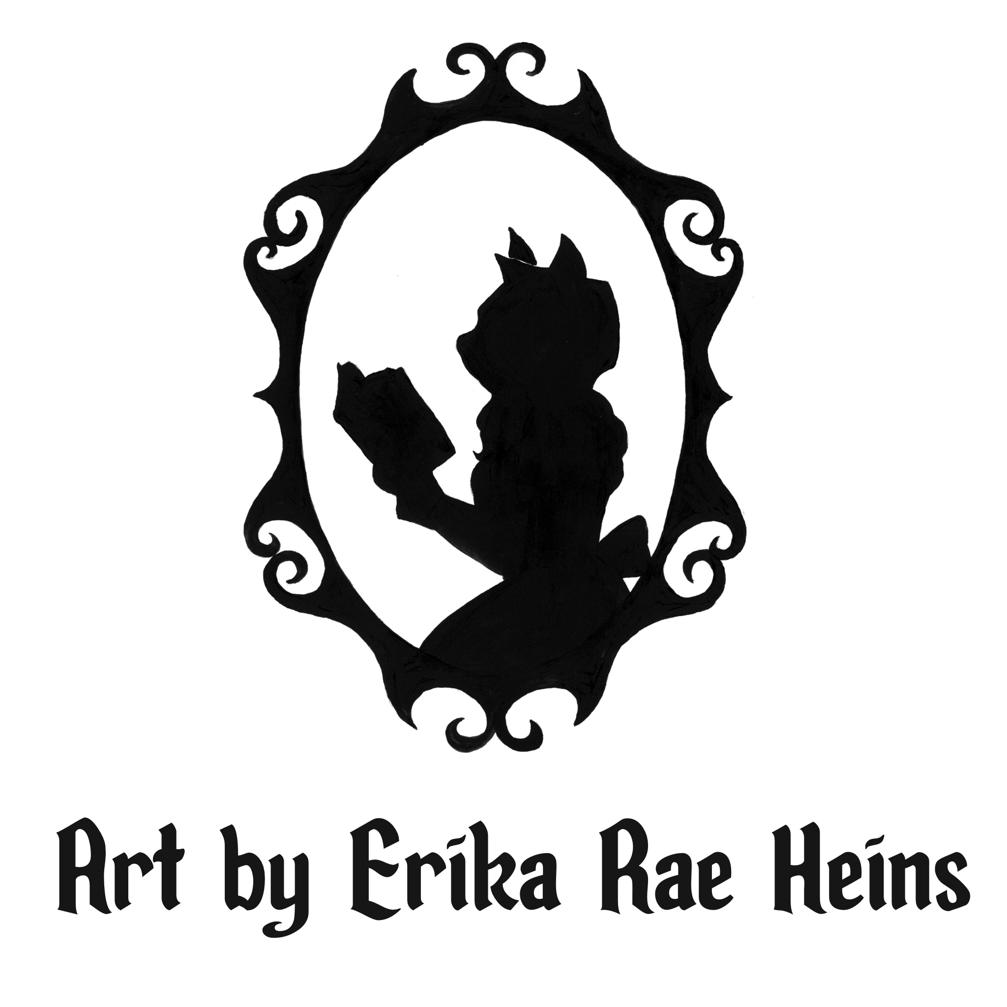 Silhouette of a cat in a bonnet and Victorian dress reading a book. Under the cat, the text reads, “Art by Erika Rae Heins.”