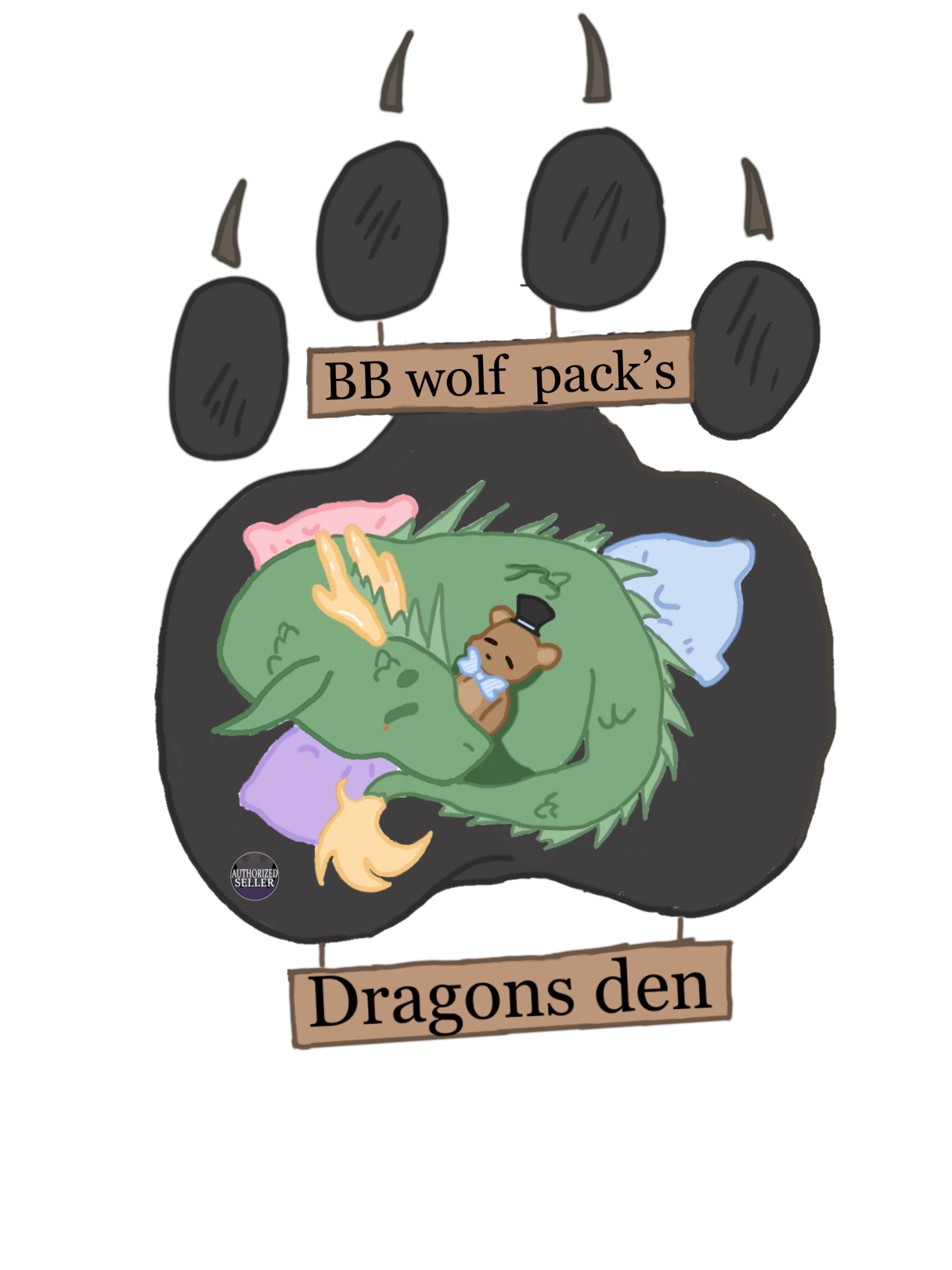 Sleeping dragon curled up with its pillows and teddy in the paw print of a large wolf from BB Wolf Pack LLC
