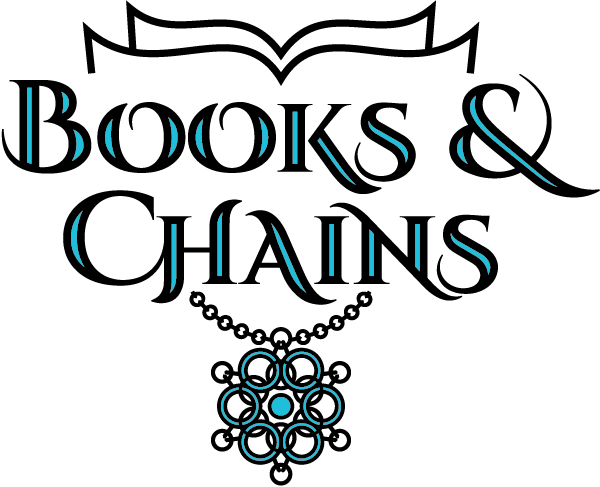 Books & Chains logo with the words plus a chainmaille necklace with a chainmaille pendant.
