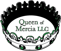 A crown with emerald jewels and the words Queen of Mercia.