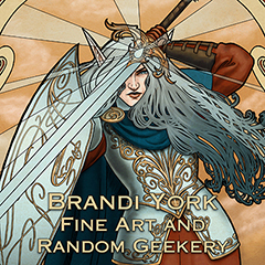 A pale elven woman holds a sword crosswise, partially covering her face, down over a shield. Her hair blows in intricate swirls the other direction. Her breastplate and shield have elaborate swirling pattern designs. At the bottom, overlaying the art, text reads 'Brandi York Fine Art and Random Geekery.'