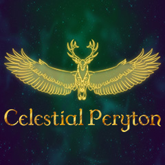 A golden winged stag soaring in a green, blue, and purple starry galaxy.