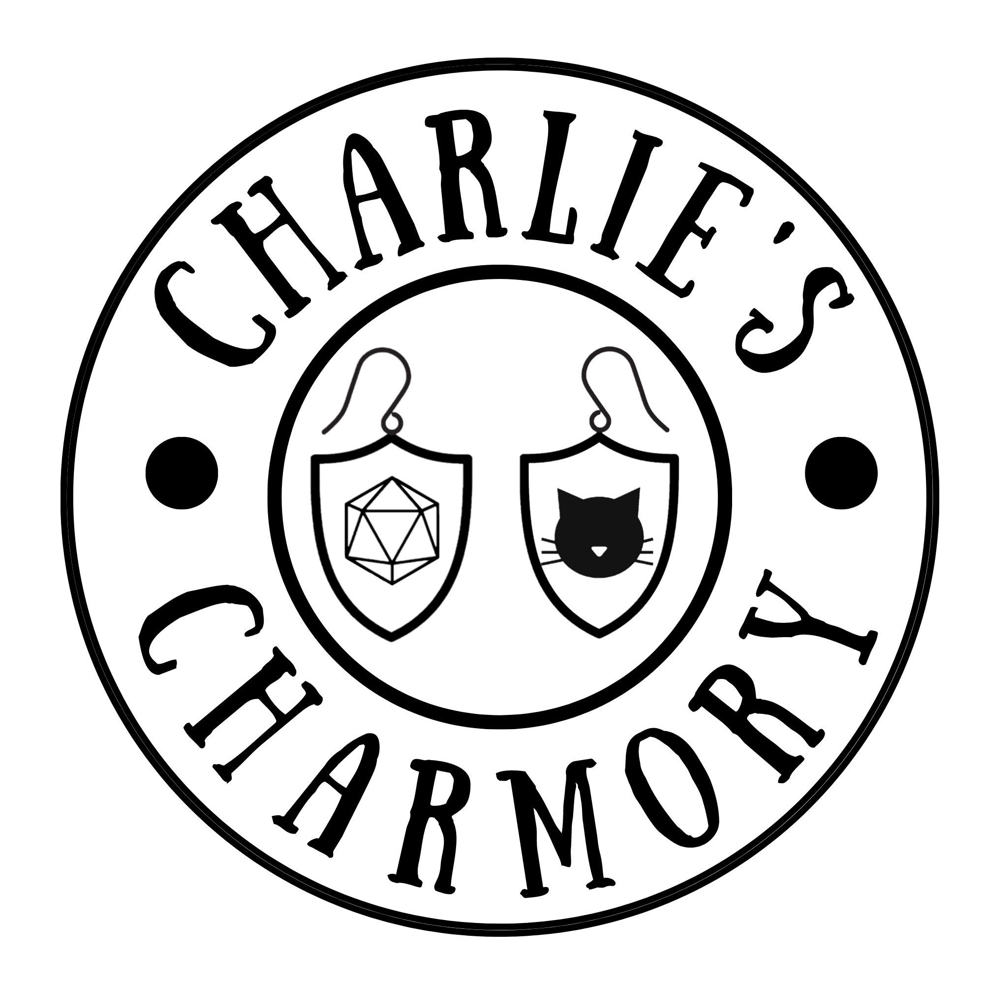 Circular logo reading 'Charlie's Charmory,' featuring two shield-shaped earrings in the center