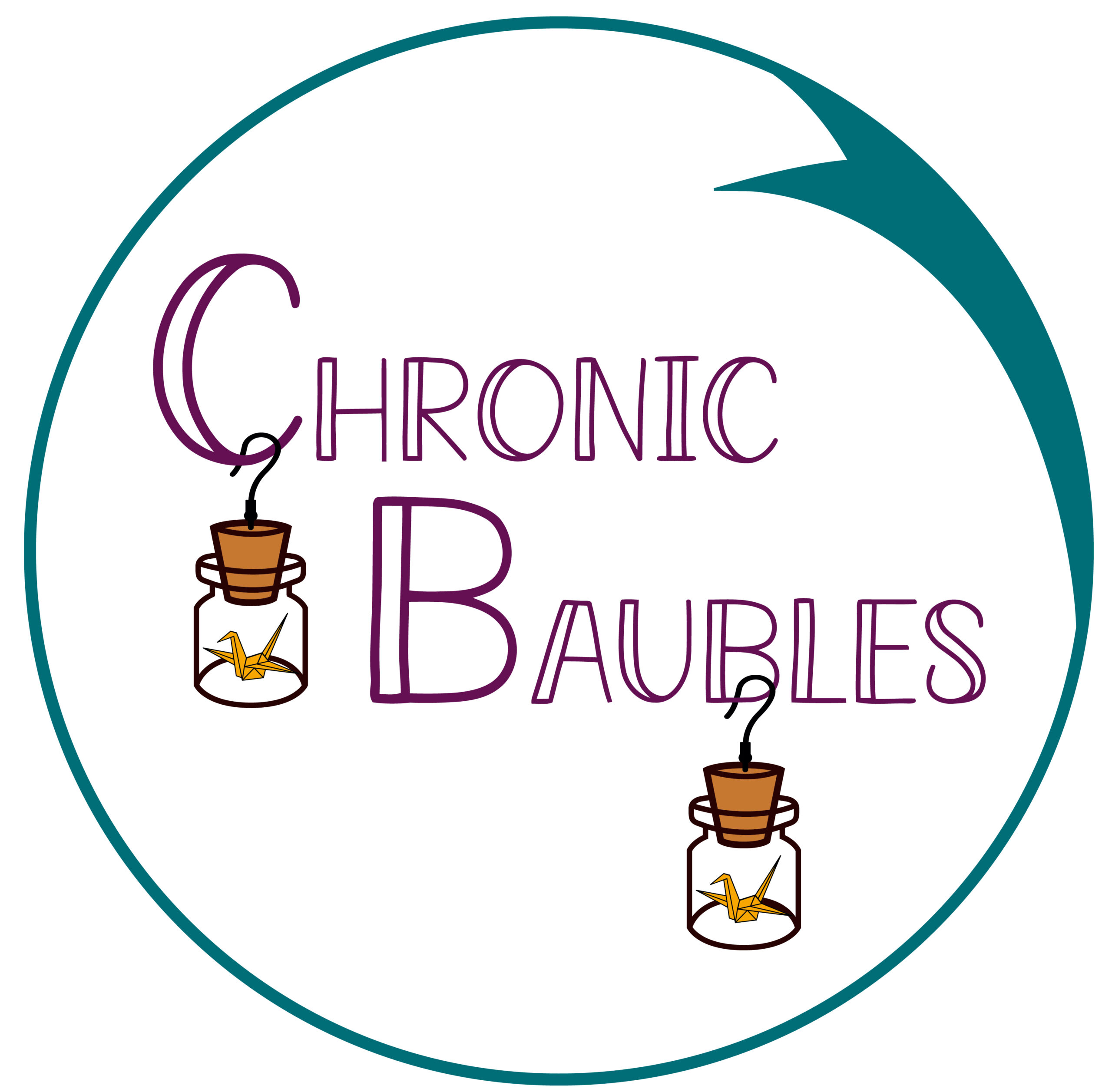 Logo: Chronic Baubles hollow lettering with earrings hanging off the letters. Earrings are little jars with cranes in them. Circle encasing logo is a teal ribbon.
