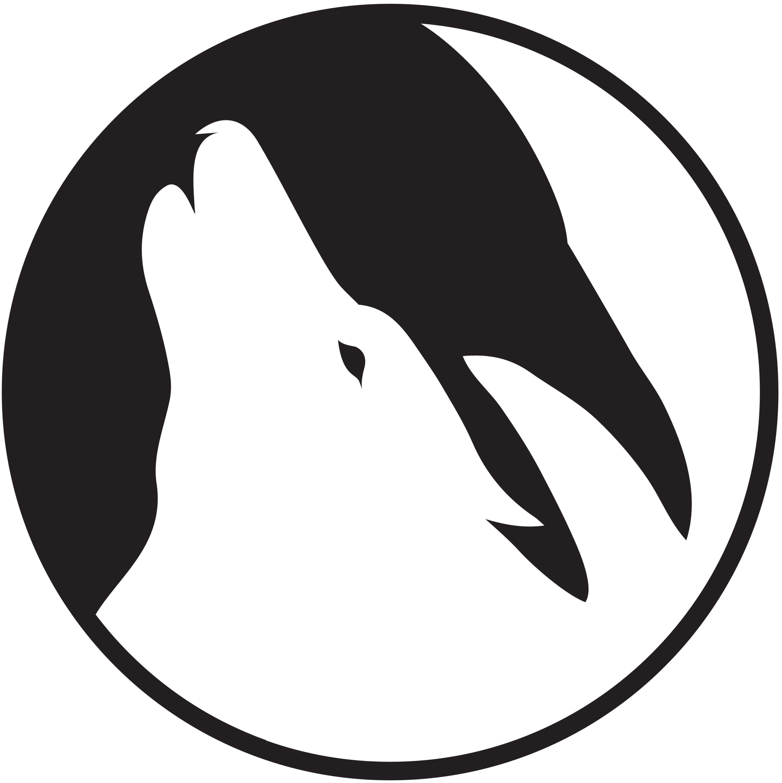 A black and white intertwined coyote and crow in a circle.