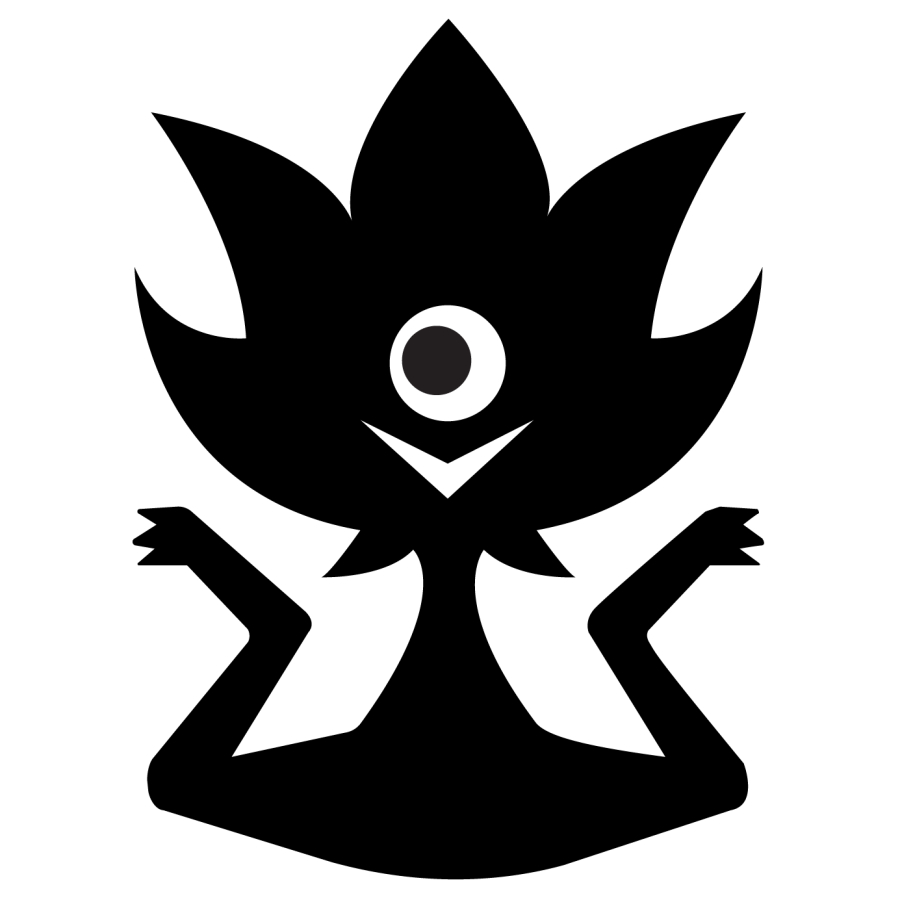 A black silhouette of a smiling one-eyed alien creature.