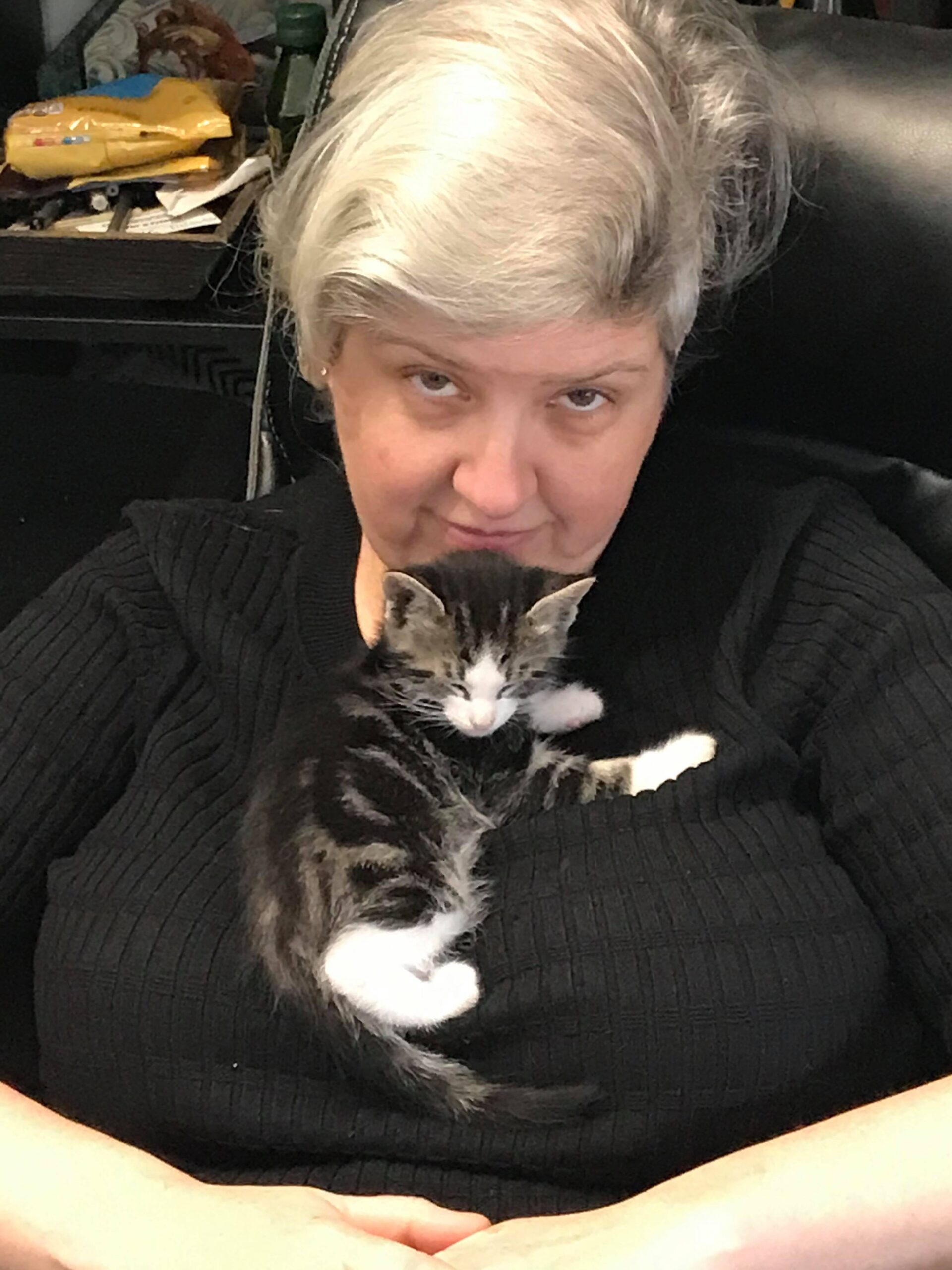Echo Chernik relaxes with her kitten Bennett asleep on the chest.