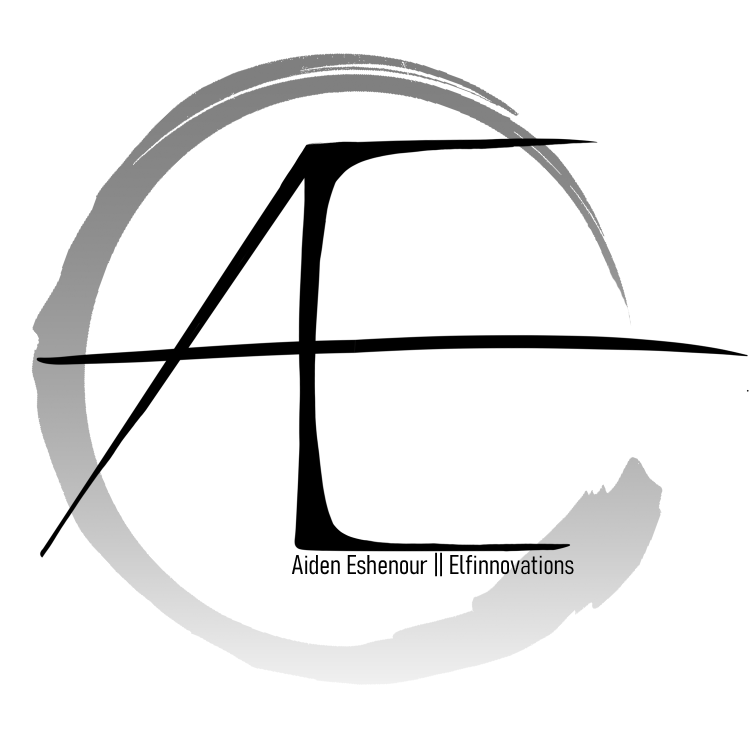 Aiden's logo -- featuring his initials conjoined with a brush stroke circle around them and his social media art handle 'elfinnovations'.