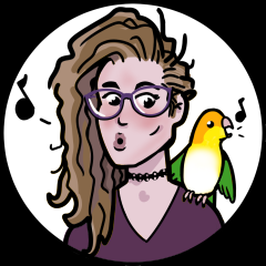 Caricature self portrait of the artist Emma LeRae whistling with a parrot on her shoulder whistling along.