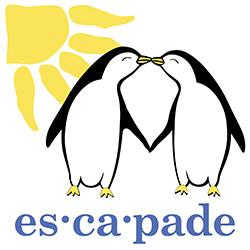 Two penguins kissing in the sunshine, with the text es/ca/pade