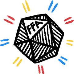 The logo for Found Family Adventurecrafts: the shape of a 20-sided dice with blue, yellow and red sparkle lines on the outside. One of the faces reads 'FFA'.