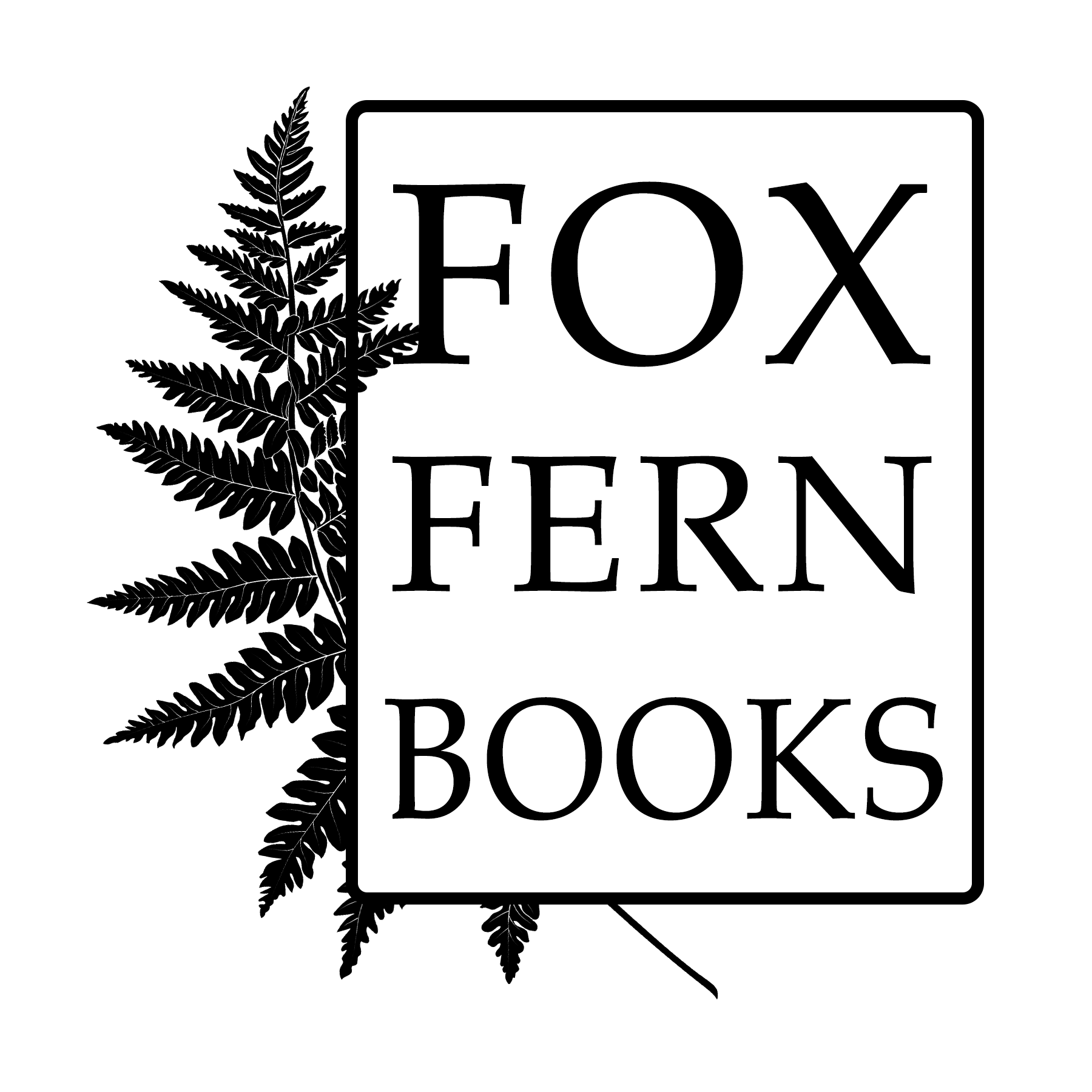 Fox Fern Books inside a rectangle flanked by a fern on the left side.