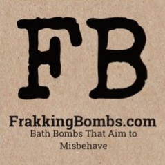 The image features the letters 'FB' in a bold, black font centered on a brown background. Below it, the text reads:
FrakkingBombs.com Bath Bombs That Aim to Misbehave