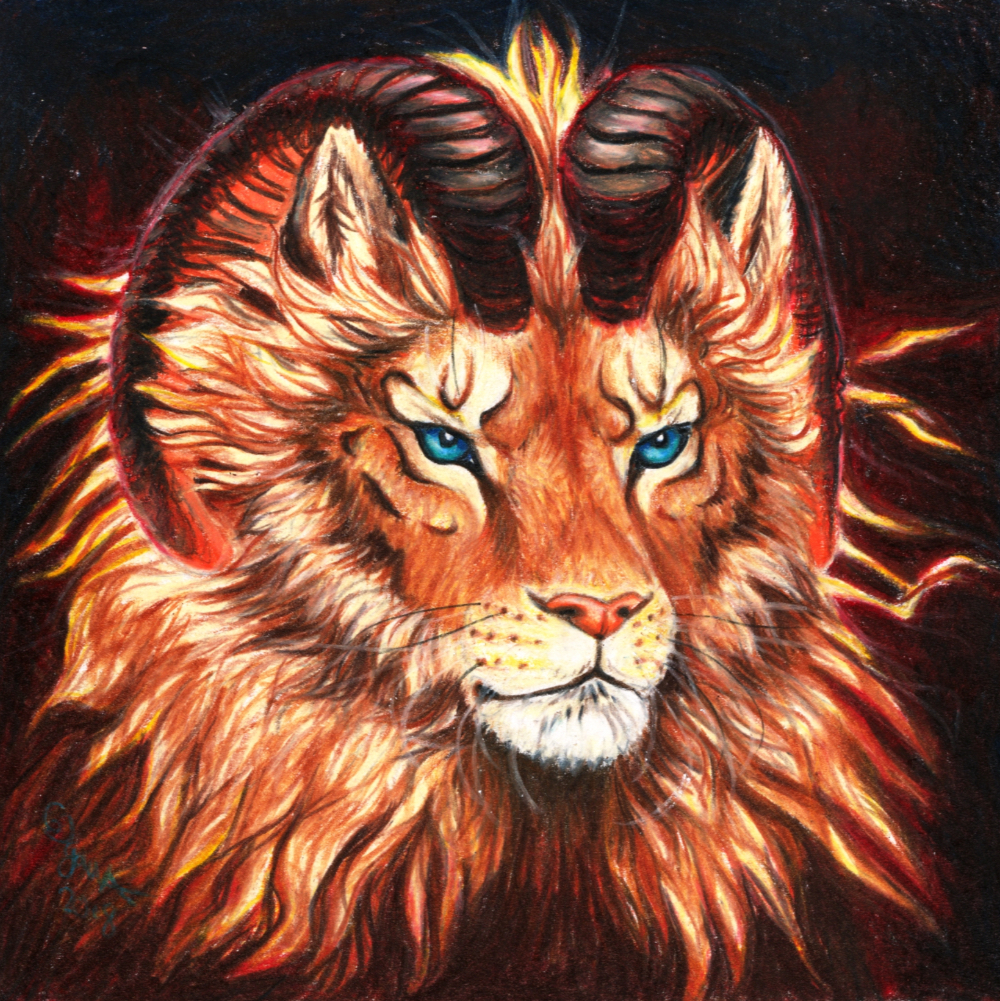 Colored pencil illustration of a red-and-gold lion creature with a mane and two black-red ram horns. She has bright teal eyes.