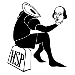 A black and white line art image of a beheaded William Shakespeare sitting on a tombstone with his head in his hands, looking at the viewer. The tombstone reads 'HSP'